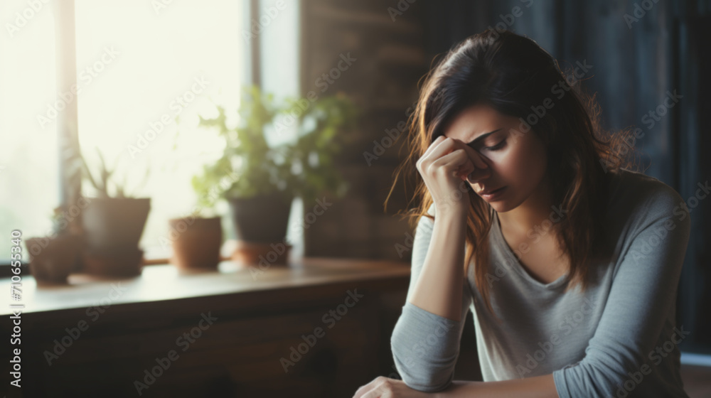 Lonely young woman feeling depressed and stressed sitting  in the dark room - obrazy, fototapety, plakaty 