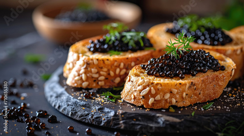Sandwiches with black caviar.