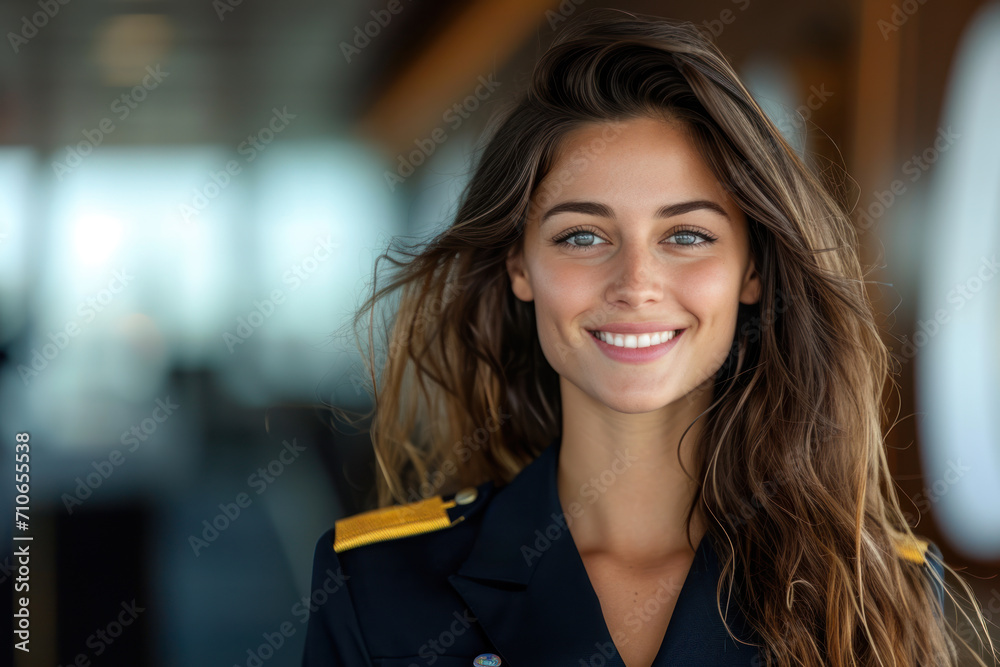 Brunette woman wearing cruise ship staff uniform, boat service crew Brunette woman wearing cruise ship staff uniform, boat service crew
