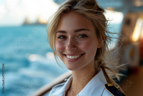 Blonde woman wearing cruise ship staff uniform, boat service crew