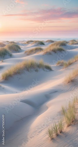 The refined beauty of coastal dunes at dawn, with elegant patterns sculpted by the wind against a pastel-colored sky - Generative AI