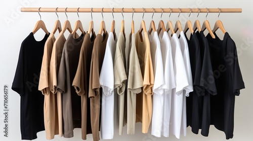 A collection of tops and shirts with long sleeves hanging on wooden hangers against a plain white wall. The clothes are arranged from light to dark shades, from beige to black. 