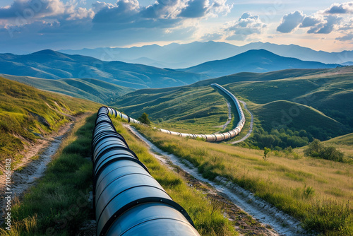 natural gas pipeline winding through a landscape,Energy industry, in a rural setting.