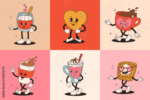 Valentine's Day set of vintage characters. Happy and cheerful retro. Old animation 50s, 60s 70s, groovy cartoon characters of coffee and sweets, donut, cupcake, espresso, latte, cocoa, cake. present.