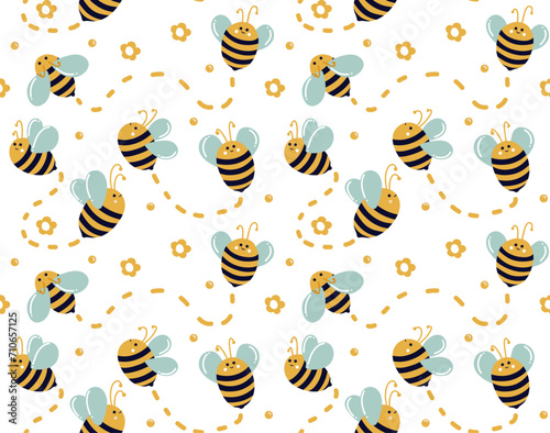 Bees move in different directions on white background with honey droplets, daisies and lines of movement. Cute bees. Seamless bee pattern for kids. Summer pattern for fabrics, bed linen, decor