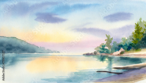 Watercolor Art Painting: Tranquil Shoreline Retreat Quietly in Morning