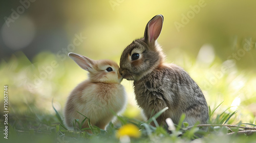 Two rabbits are best friend and kissing in a field with a green background. generative ai