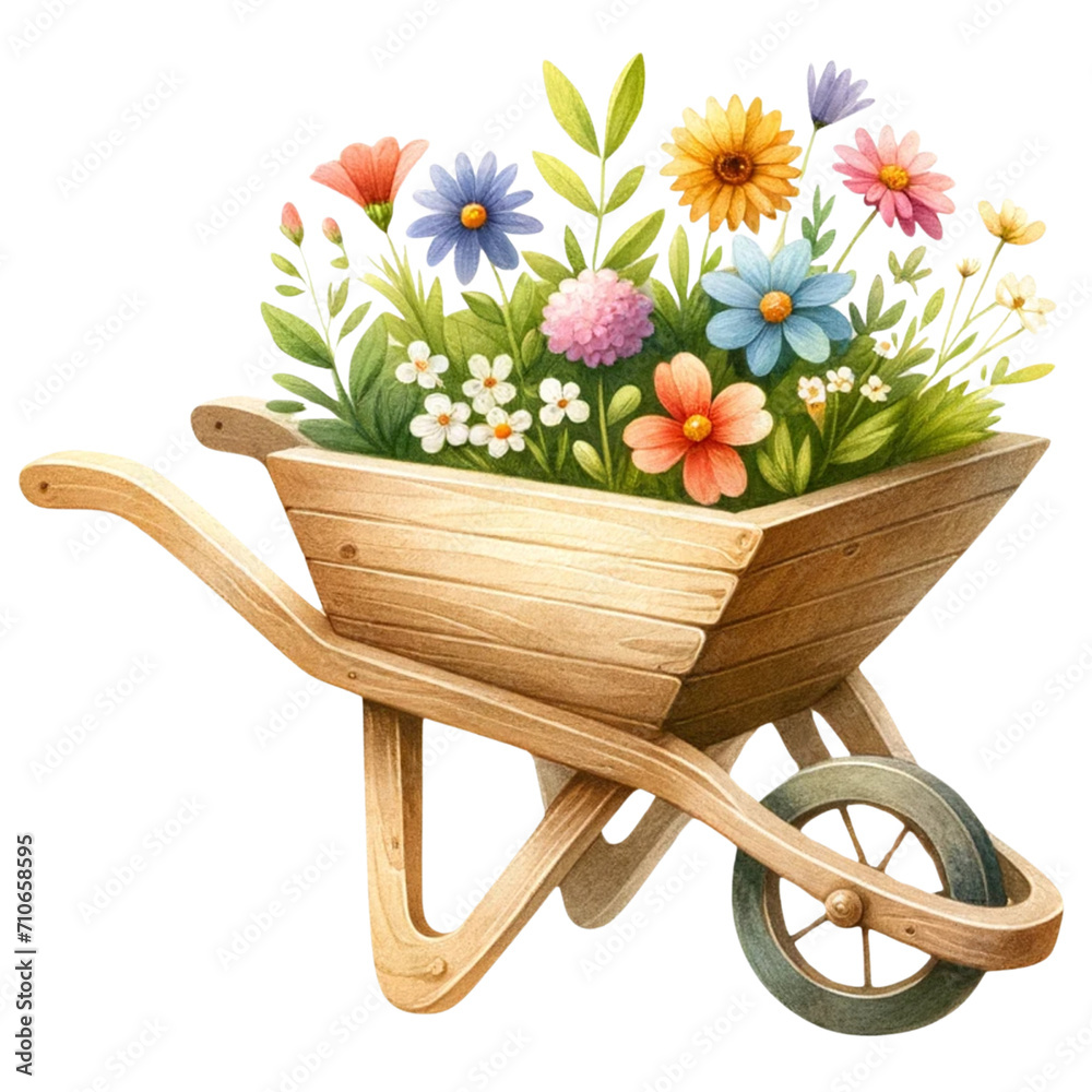 cute boy and girl with wheelbarrow flowers