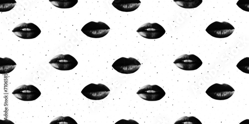 Trendy seamless pattern. Halftone collage lips and noice texture. Old style background.