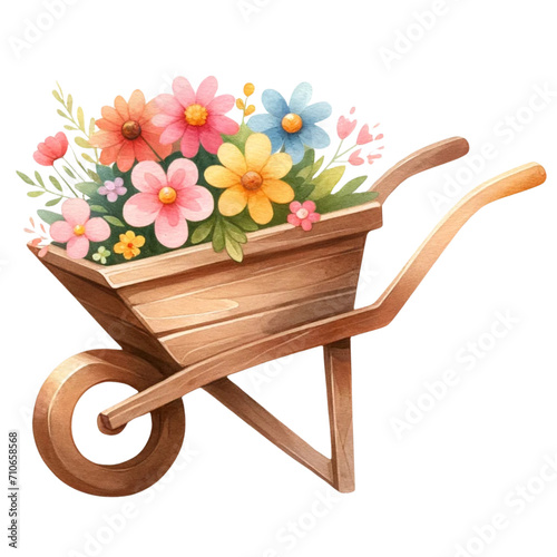 cute boy and girl with wheelbarrow flowers photo