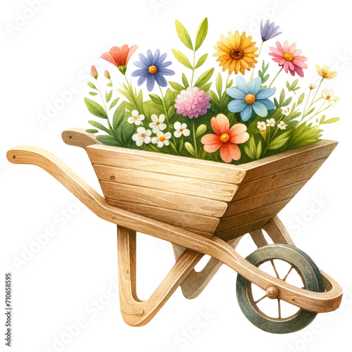 cute boy and girl with wheelbarrow flowers photo