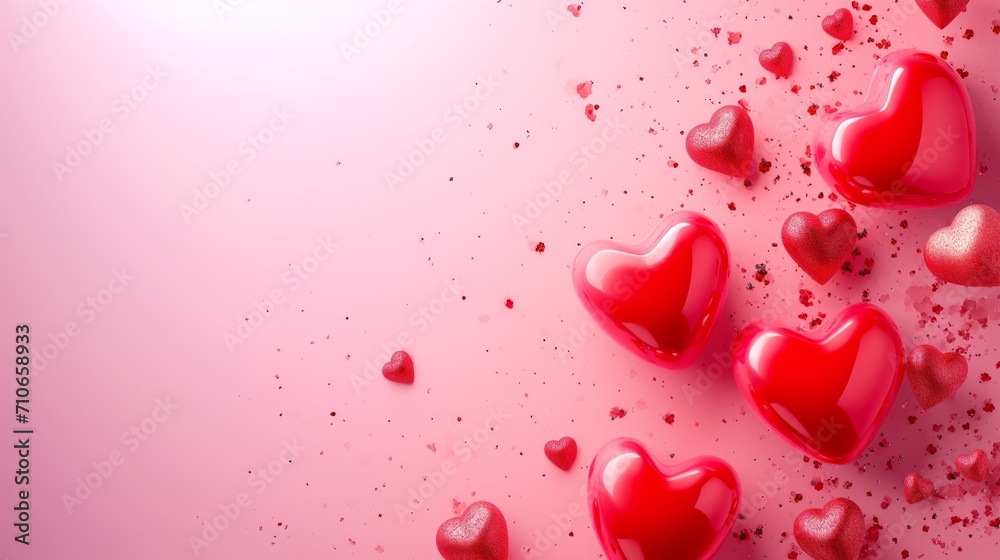 Valentine's day background banner, abstract background with red hearts, love concept. red glitter bokeh copyspace