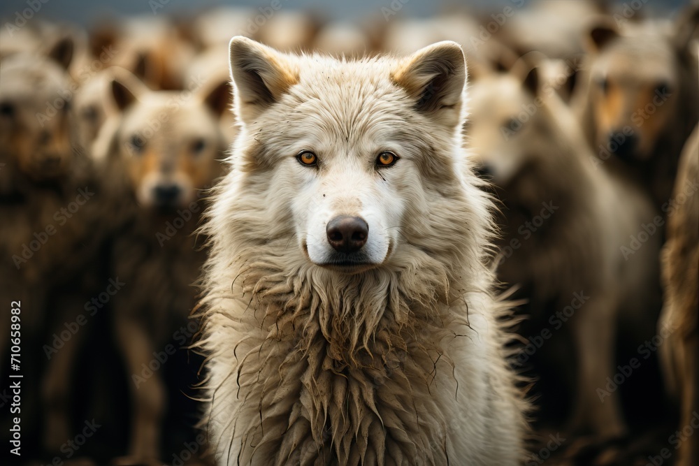 Fototapeta premium A wolf in sheep's clothing among sheep.