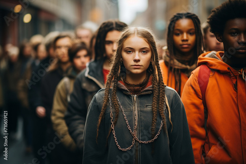 A striking image of young activists forming a human chain at a climate change protest, symbolizing unity and collective action for a sustainable future. photo