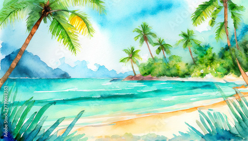 Watercolor Art Painting: Tropical Oasis Vibrantly Leisurely at Midday