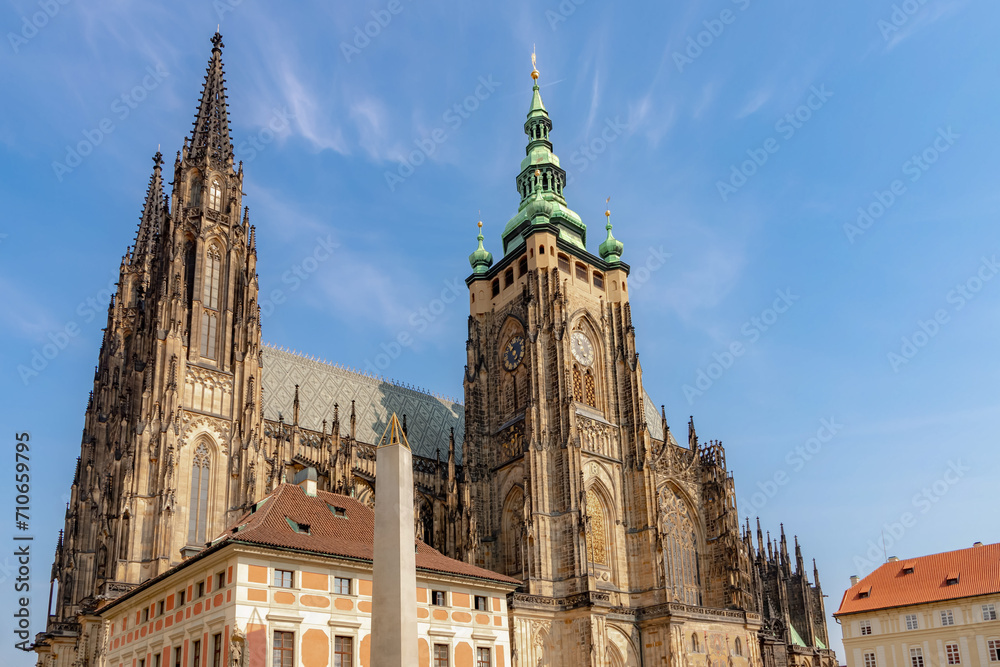 The Metropolitan Cathedral of Saints Vitus church with blue sky, Wenceslaus and Adalbert is a Roman Catholic metropolitan cathedral in Prague, The City of a Hundred Spires, Capital of Czech Republic.