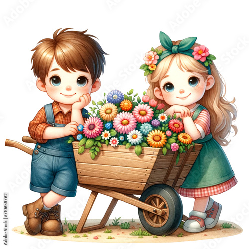 cute boy and girl with wheelbarrow flowers photo