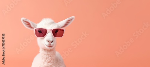 Funny easter animal banner - Little white baby goat with sunglasses, isolated on peach fuzz color background