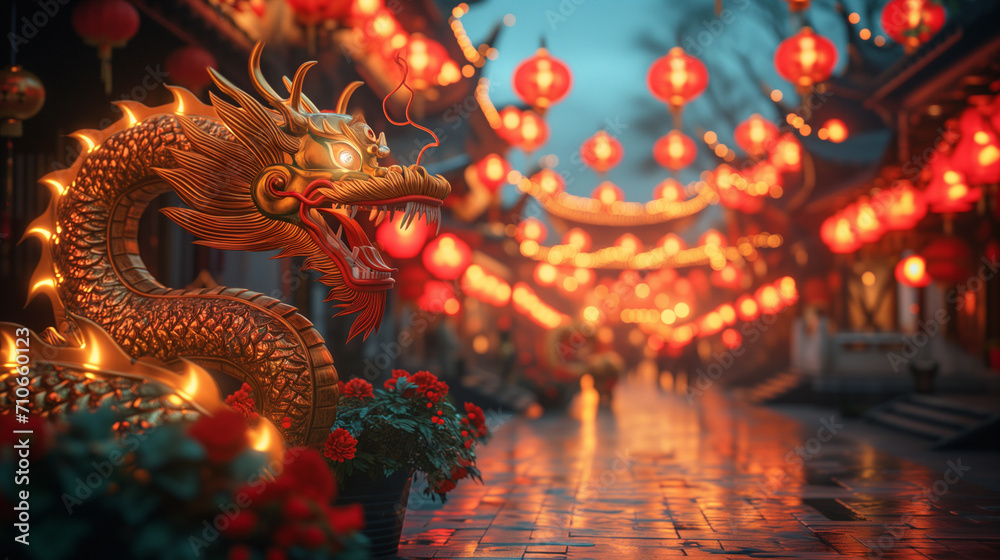 Fototapeta premium dragon stronger stone or jade lamp china line Beautiful walkway holiday Focus stacking, 3d rendering illustration background for happy chinese new year 2024 the dragon zodiac sign with red and gold 
