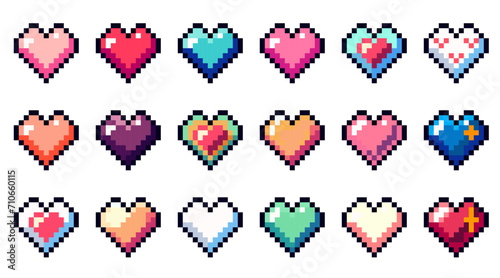 Set of different colorful hearts in pixel art style. Pixel icon, vector illustration isolated on white background. Vector 8-bit retro style illustration