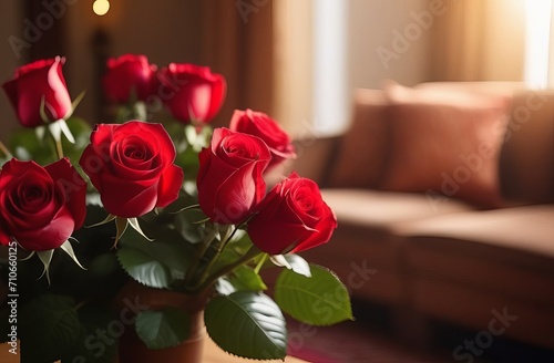 Closeup of bouquet of red roses in a vase  nature and flowers on living room table  gift for romance or friendship. Plant  botanical and symbol of love  natural and floral arrangement at home