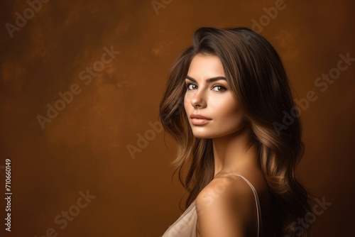 studio shot of a beautiful young woman posing against a brown background