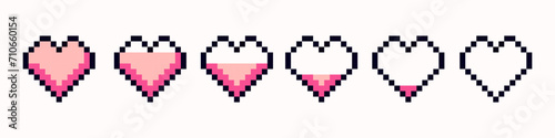 Set of different pink hearts in pixel art style. Pixel game life bar. Pixel icon, vector illustration isolated on white background. Vector 8-bit retro style illustration.
