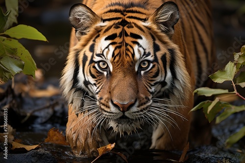 The tiger moves through the swamp, the tiger is in hunting mode.