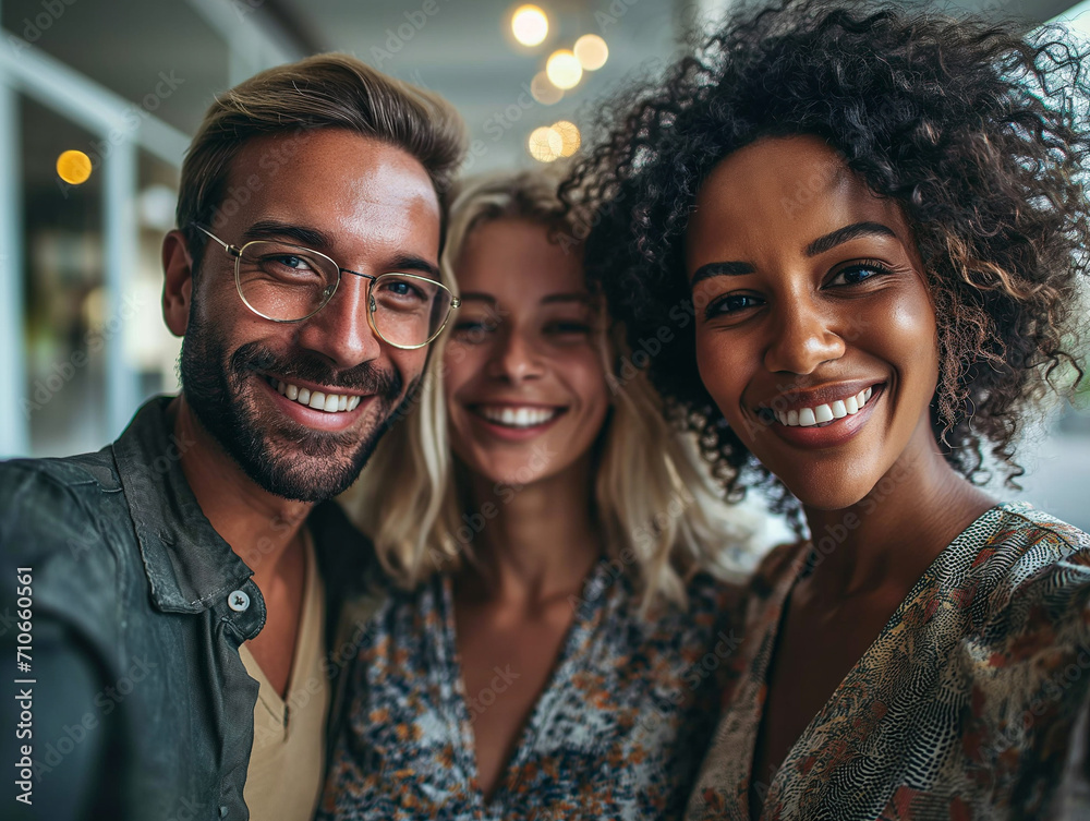 Selfie Happy diverse colleagues standing in office hallway, laughing and use smart phone. Selfie Happy diverse colleagues standing in office hallway, laughing and use smart phone.