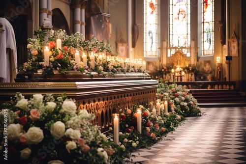 A casket adorned with numerous blooms and lit candles in a lovely church service.