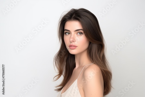 studio shot of an attractive young woman posing against a white background