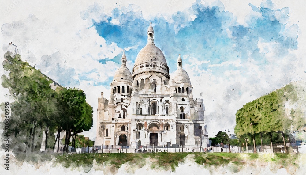 beautiful digital watercolor painting of the sacre coeur in paris france in spring illustration