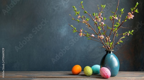 Blue ceramic vase filled with blooming branches. Decayed, textured blue wall backdrop. Some colorful eggs laying on wooden table. Copy space, spring, Easter banner, card. Vintage still life.
