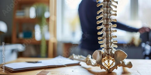 Spinal model on desk in therapist's office, adult male undergoing spine evaluation by physiotherapist with blurred background. photo