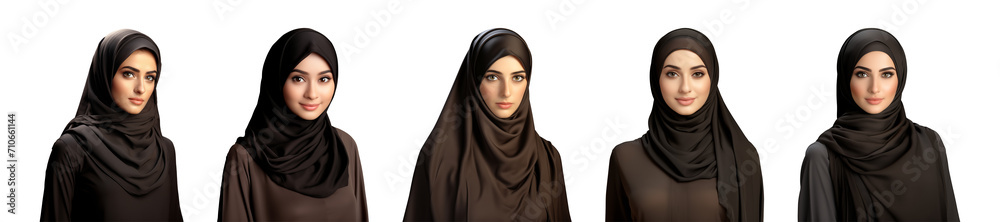 Collection portrait of a Muslim woman wearing a black hijab isolated on a transparent background