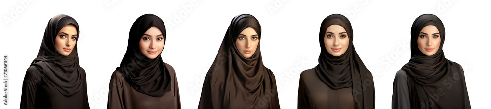 Collection portrait of a Muslim woman wearing a black hijab isolated on ...