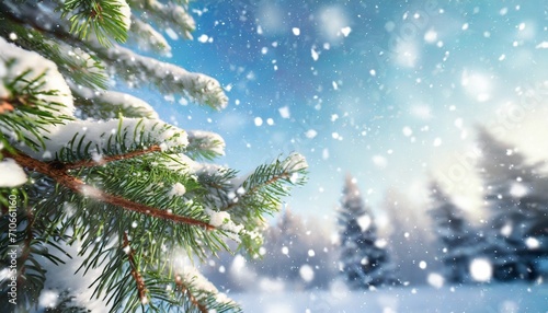 christmas tree branch with white snow christmas fir and pine tree branches covered with snow background of snow and blurred effect gently falling snow flakes against blue illustration