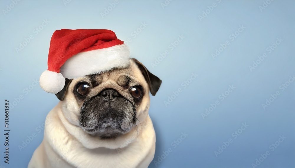 christmas portrait of pug dog wearing santa claus hat festive banner illustration