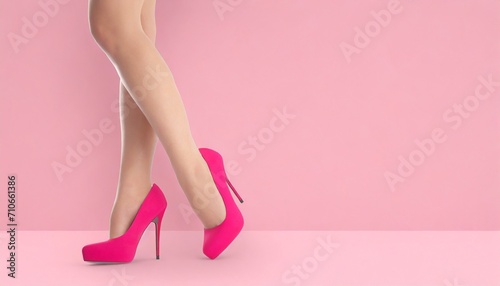 female legs wearing pink high heels over pink background illustration photo