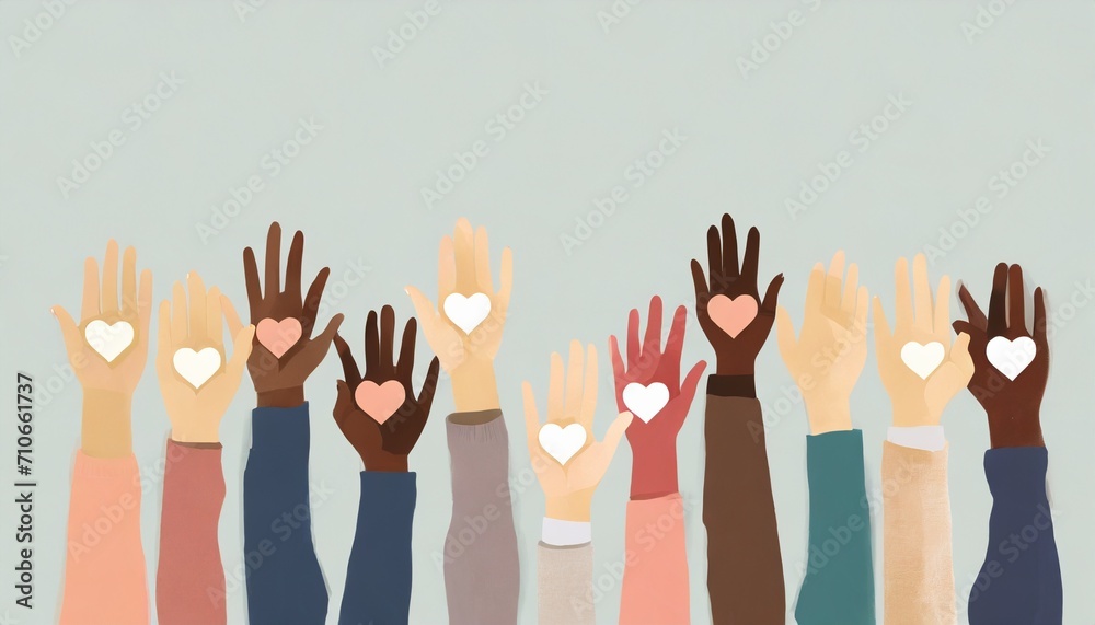 charity illustration concept with abstract diverse persons hands and hearts community compassion love and support towards those in need illustration