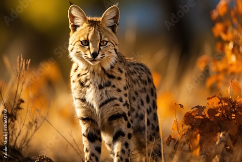 Serval cat in the savanna on the background of yellow grass.