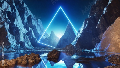 3d render abstract virtual landscape with blue rocks and mountains surreal wallpaper fantastic background with triangular portal illustration photo