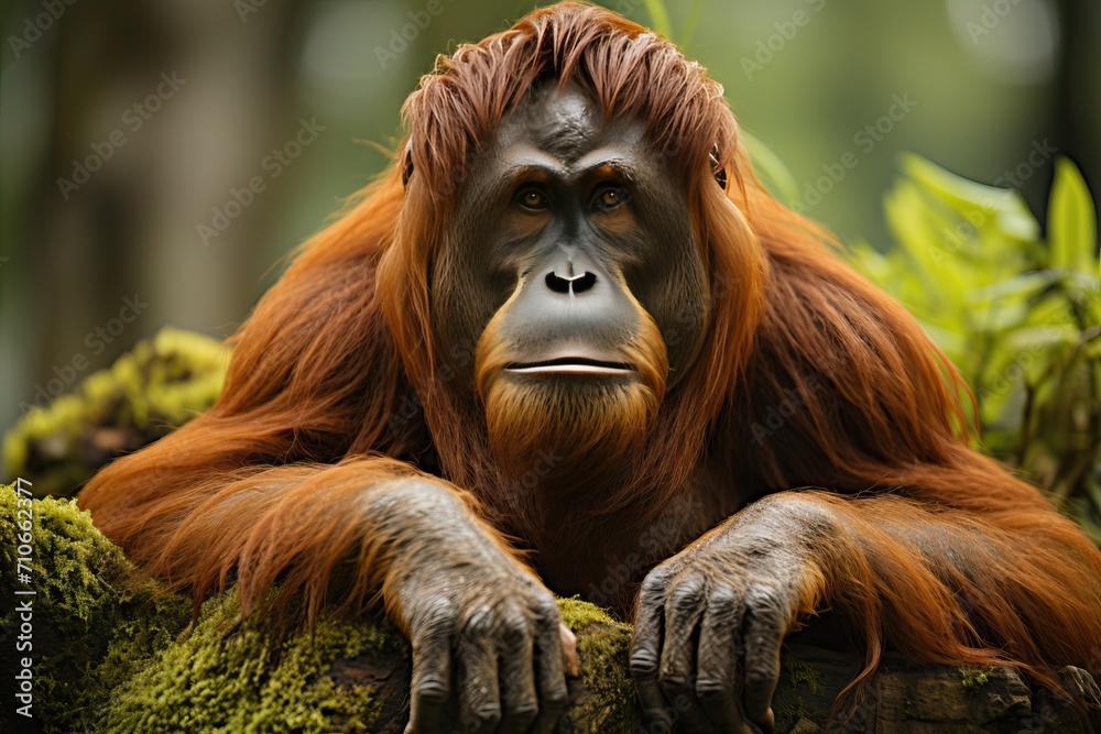 Portrait of an orangutan monkey on a background of green grass.
