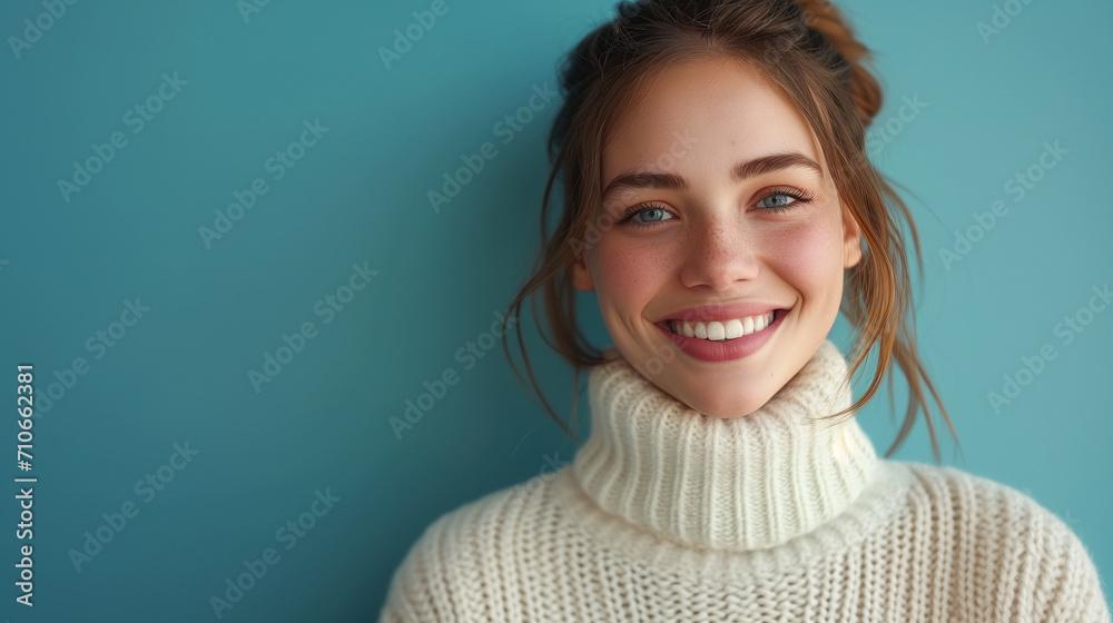 A Woman's Radiant Smile in a Knitted White Sweater. Copyspace A Woman's Radiant Smile in a Knitted White Sweater. Copyspace
