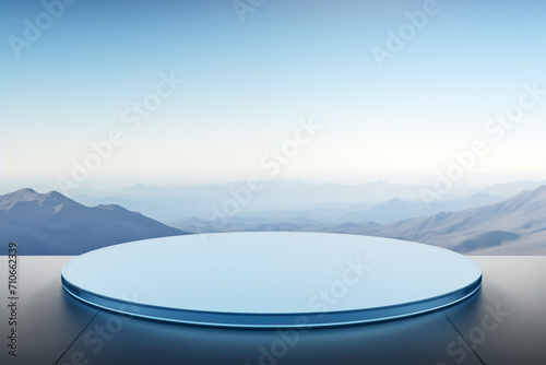 Sleek Round Glass Display on Minimalist Surface with Majestic Mountain Range in the Background - Modern Presentation Setting © Sunflower