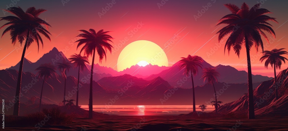 Naklejka premium Tropical sunset landscape with palm trees and mountains. Exotic travel destination. Banner.