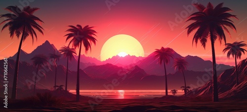 Tropical sunset landscape with palm trees and mountains. Exotic travel destination. Banner.