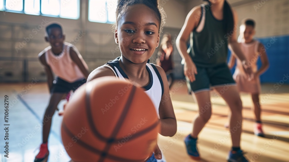 A young pupil leading a basketball in a physical education lesson at the school gym with her trainer and peers in the backdrop.