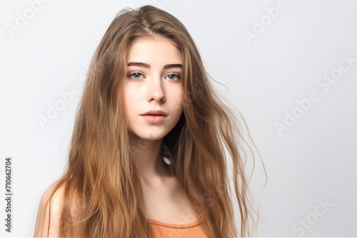studio shot of a beautiful young woman with long hair isolated on white