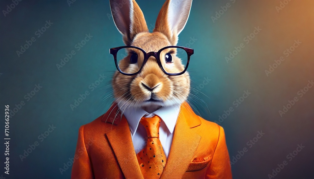 rabbit dressed in an elegant orange suit tie and glasses fashion portrait of an anthropomorphic animal posing with a charismatic human attitude illustration - obrazy, fototapety, plakaty 